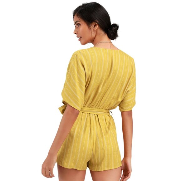 Lulu's Women's Size Medium Climb Aboard Mustard Yellow Striped Romper Belted - Picture 3 of 6